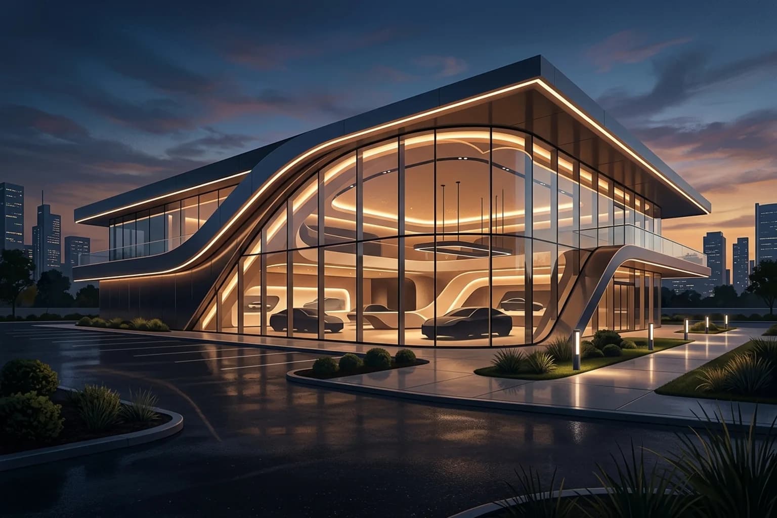 رسم توضيحي لمنشأة عرض سيارات فاخرة بتصميم معماري حديث ومبتكر.