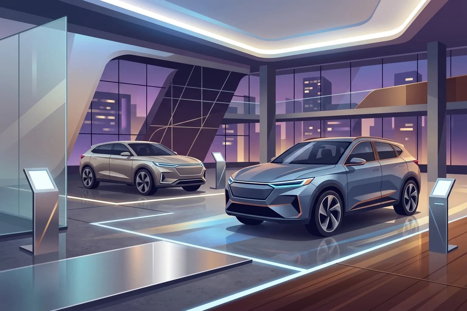 Stylized automotive illustration of modern crossover utility vehicles inside a showroom