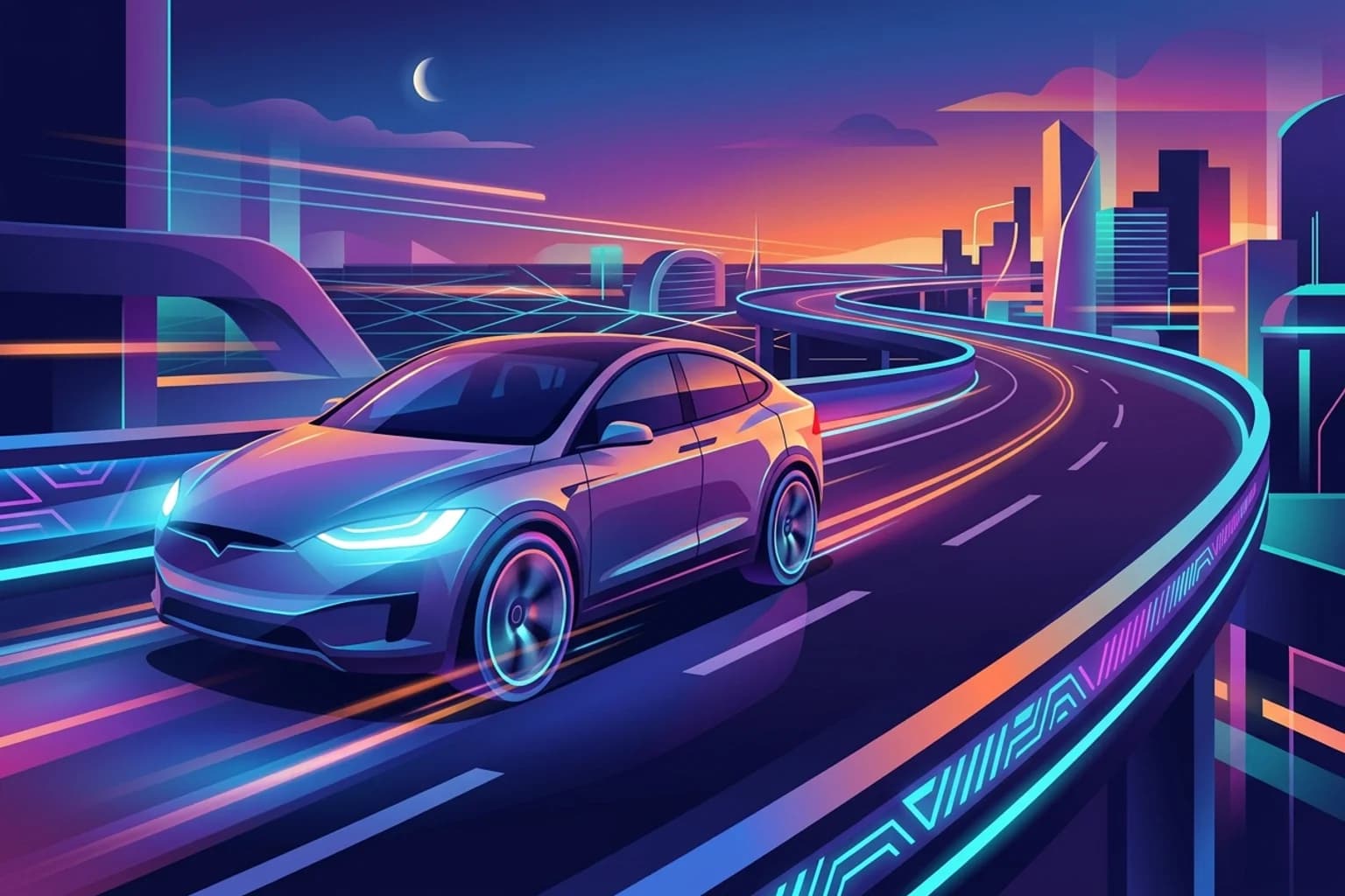 Artistic illustration of a modern electric coupe crossover on an abstract road